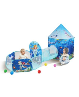 3-in-1 Kids Play Tent with Tunnel and Basketball Hoop