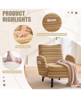 Modern armchair with sanded fabric, side pocket, solid wood legs