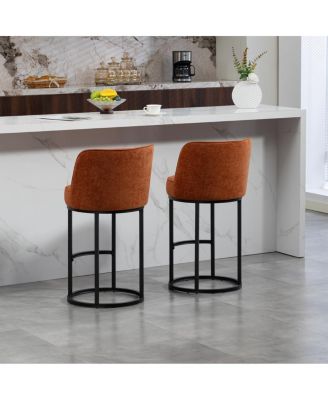 Counter Height Bar Stools Set of 2, Modern Barrel Stools with Backrest, Linen Fabric