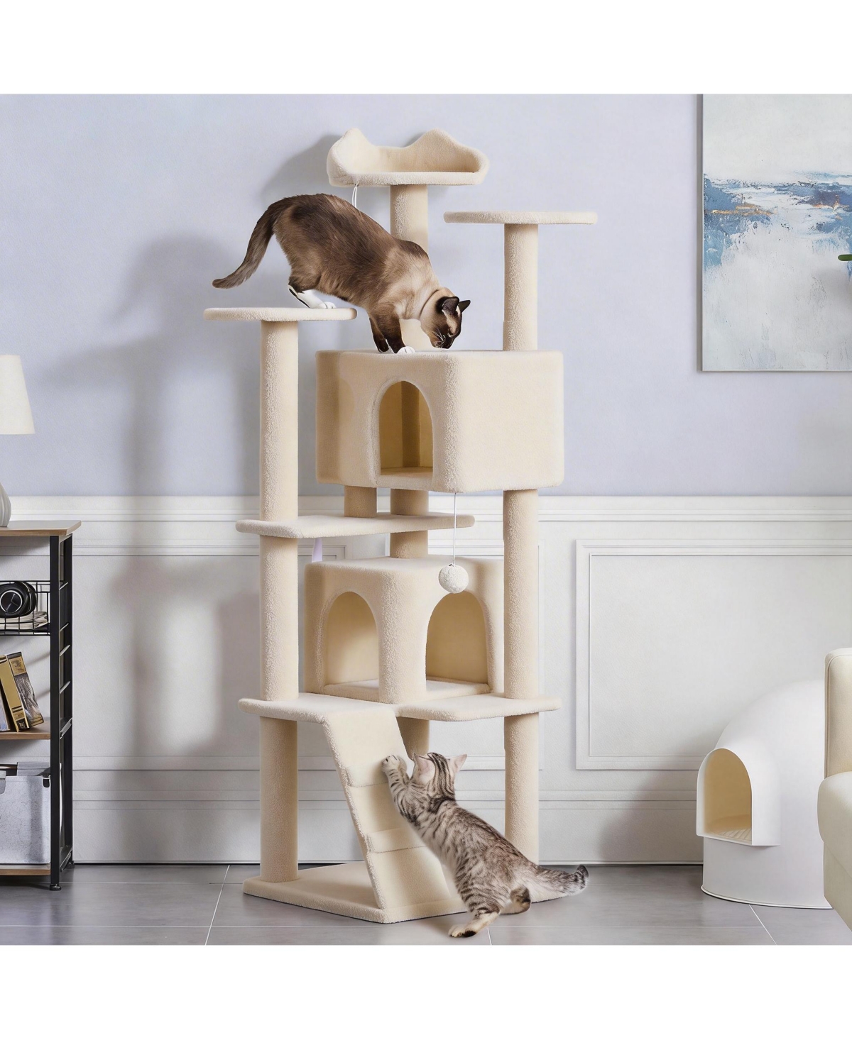 Aronkl Multi-level Cat Tree Tower with Cat-ear Perch 2 Caves Sisal Posts Climbing Ladder Replaceable Balls Pet Activity Center