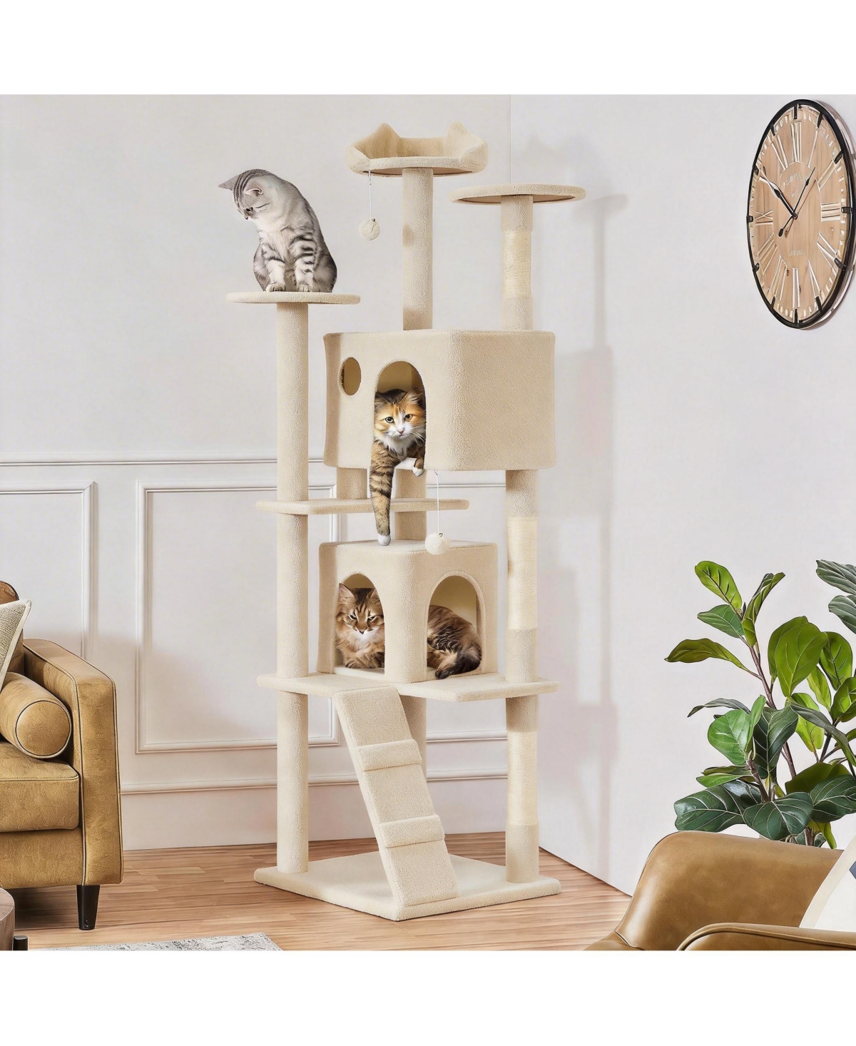 Aronkl Multi-level Cat Tree Tower with Cat-ear Perch 2 Caves Sisal Posts Climbing Ladder Replaceable Balls Pet Activity Center