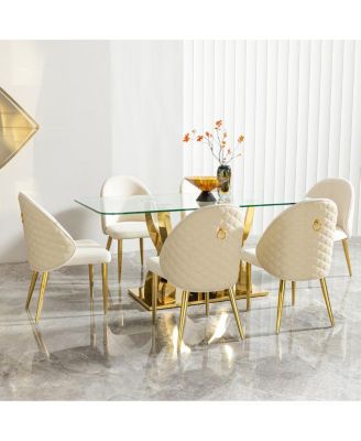 Luxury Glass Dining Table for 6, Clear Glass Top, Gold Curved Base