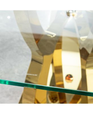 Luxury Glass Dining Table for 6, Clear Glass Top, Gold Curved Base
