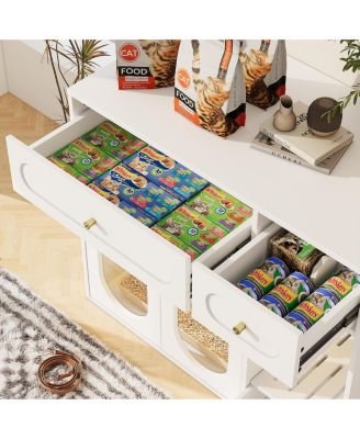 Cat Litter Box Enclosure with LED Light – End Table with Storage Drawers & Acrylic Doors