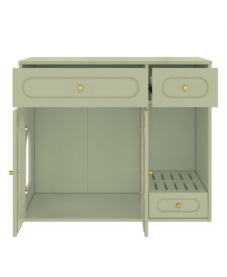Cat Litter Box Enclosure with LED Light – White End Table with Storage Drawers & Acrylic Doors, Green