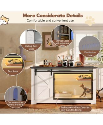 Farmhouse Cat Litter Box Enclosure with Sliding Barn Door – White Nightstand Cabinet with LED Light & Storage, Hidden Cat Furniture