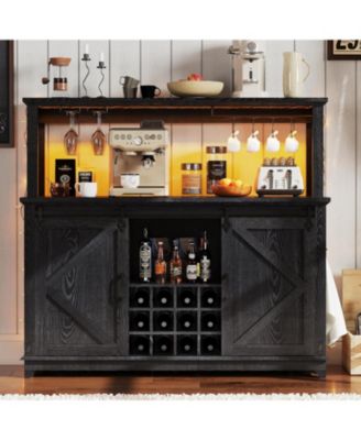 Farmhouse 55" Coffee Bar Cabinet with Sliding Barn Door & Power Outlet & LED Light, Large Kitchen Hutch with Sliding Barn Door