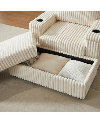 84" Corduroy 3-Seater Sofa w/ Pillows, Ottomans, Storage & Cup Holders