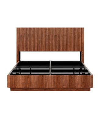 Queen Size Bed Frame with LED Lights, Modern Walnut Wood Design