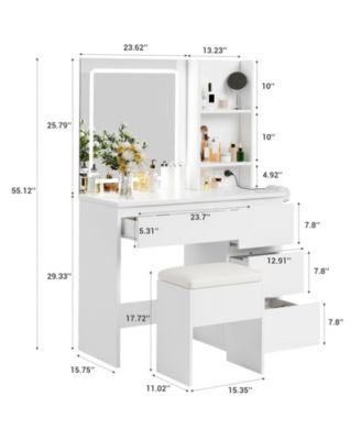 Makeup Vanity Desk Set with 3-Color Lighted Mirror, 4 Drawers, Shelves and Power Outlet
