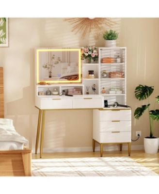 Modern Fluted Makeup Vanity Desk with Lighted Mirror, 5 Drawers and Power Outlet