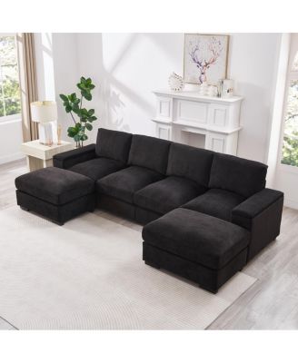 Streamdale Black 4-Seat Corduroy Sectional Sofa Couch with 2 Ottomans
