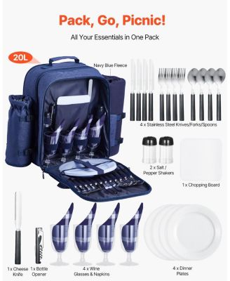 4-Person Picnic Backpack with Insulated Cooler, Blanket and Tableware Set