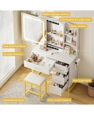Makeup Vanity Desk with Lighted Mirror and Built-in Charging Station