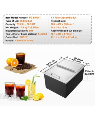 24 x 18 x 13 Inch Drop-In Stainless Steel Ice Chest, 40.9 Qt with Sliding Lid