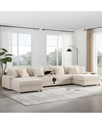 Corduroy U-Shaped Sectional Sofa with Bluetooth, USB, Cup Holders & Storage