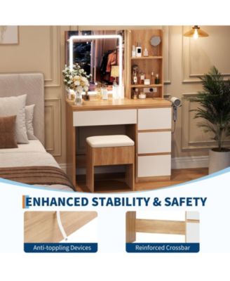 Makeup Vanity Set with Foldable Lighted Mirror, Drawers and Cushioned Stool