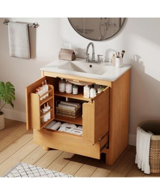30" Modern Natural Bathroom Vanity with Ceramic Sink, Soft-Close Doors, Bottom Drawer Storage, Freestanding Cabinet