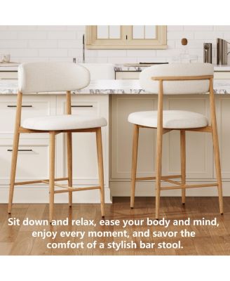 Set of 2 Counter Height Bar Stools, Upholstered Modern Barstools with Metal Legs