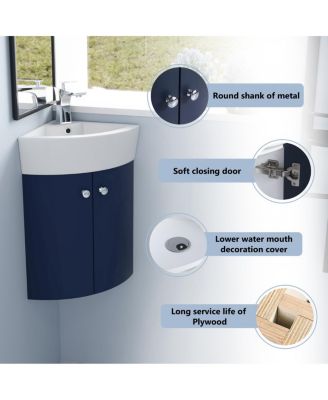 Corner Bathroom Vanity with Sink, Wall Mounted Ceramic Basin, Soft Closing Doors, Pre-assembled for Small Spaces