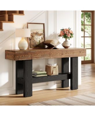 2-Tier Solid Wood Black Console Table for Entryway, Long Narrow Sofa Table Behind Couch