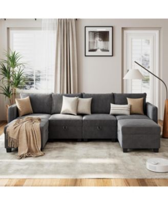 Modular Sectional Sofa with Large Storage Four Seat Couch with Two Ottomans U Shaped Sofa Chenille Upholstery Wooden Frame Living Room