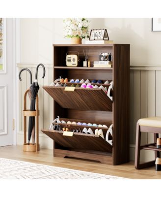 Shoes Storage Cabinet with 2 Flip Drawers, Tall Free Standing Shoe Organizer Rack