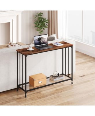 41.5" Narrow Industrial 2-Tier Console Table with Glass Shelf and Metal Frame
