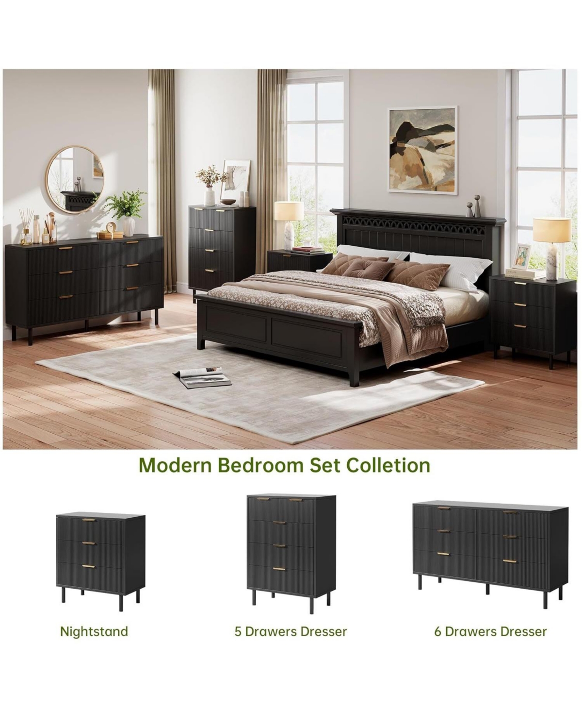 gaomon 6 Drawer Wave Fluted Dresser, Wide Modern Wood Chest with Metal Legs and Handles
