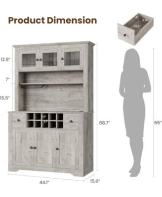 68.7" Coffee Bar Cabinet with LED Light & Power Outlet, Farmhouse Kitchen Hutch with 2 Storage Drawers, Wine Glass Rack, Adjustable Shelves