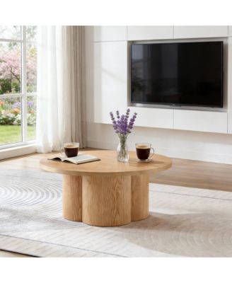 Modern Round Coffee Table with Curved Legs, Natural Wood Veneer Accent for Living Room, Bedroom, Apartment