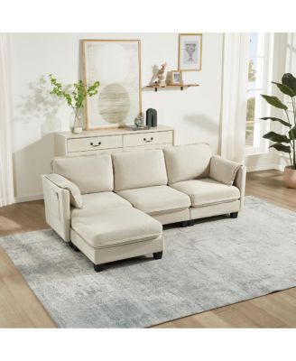 L-shaped sofa, cotton-linen, storage armrest, 3-seater for living room/office