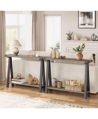 Narrow Farmhouse Console Table with V-Shaped Metal Legs and Open Shelf