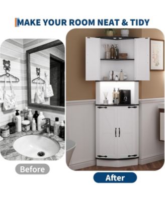 64.6" Farmhouse Corner Cabinet with LED Light, Tall Bathroom Cabinet with 4 Barn Doors and 5 Tier Shelves, Freestanding Corner Bar Cabinet