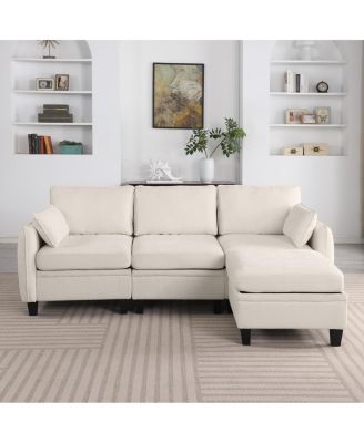  85" Beige Modular Sectional Sofa with Storage Ottoman