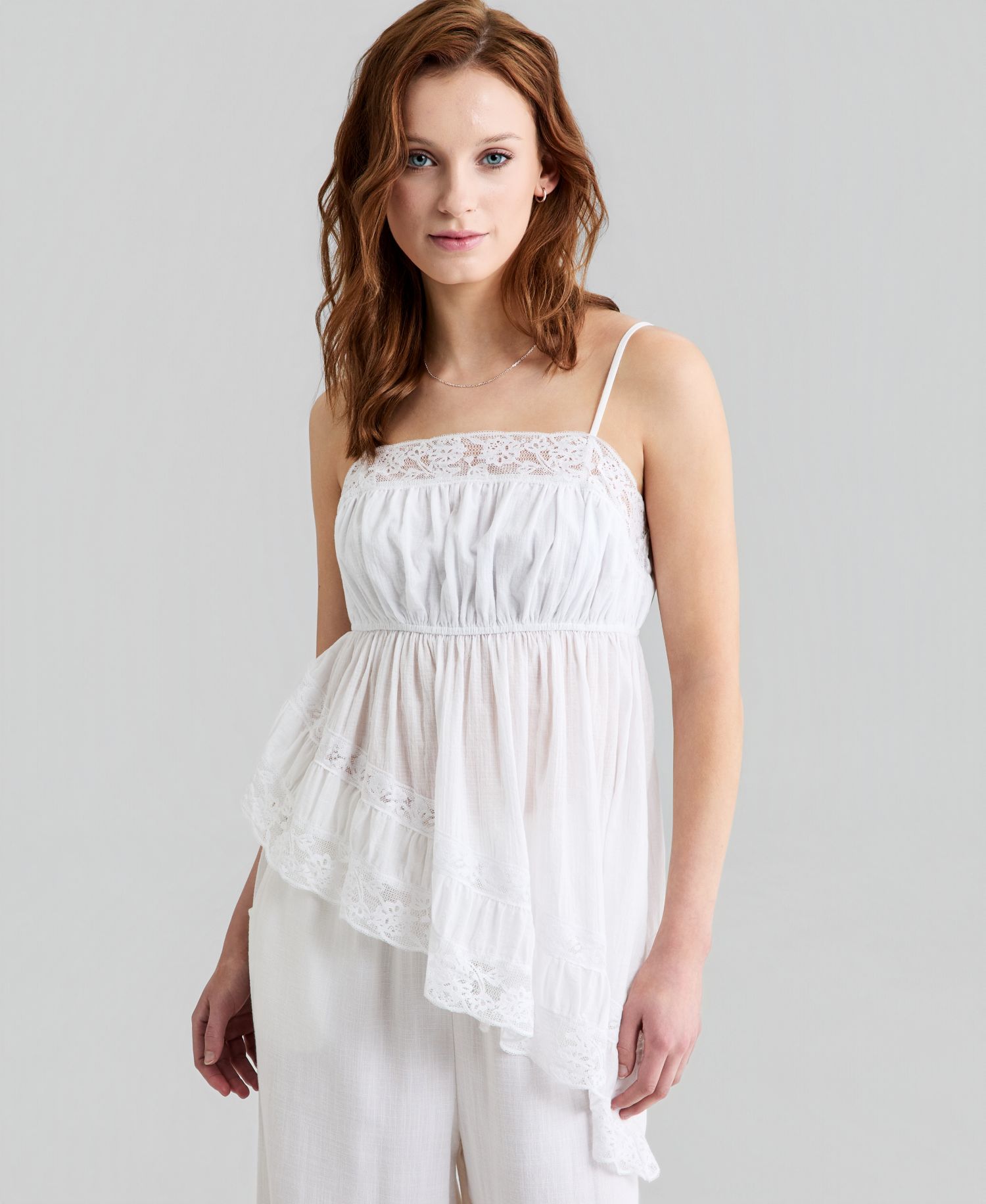 Petite Asymmetrical Lace Trim Pull-On Top