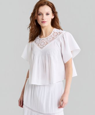 Women's Cotton Crochet-Trim Short-Sleeve Top