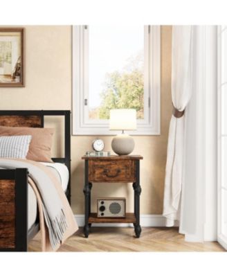 Set of 2 Industrial End Tables with Wooden Top, Drawer and Storage Shelf