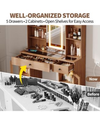 Large Makeup Vanity Desk with 3-Color LED Sliding Mirror, Drawers and Power Outlets