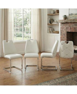 Dining Chairs Set of 4, White Faux Leather Kitchen Chairs with Mesh Texture