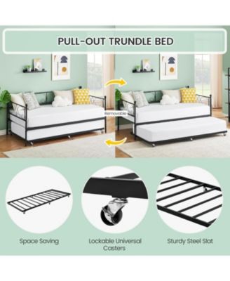 Twin Daybed with Trundle Metal Sofa Bed Frame Steel Slat Support Space Saving Furniture for Living Room or Bedroom