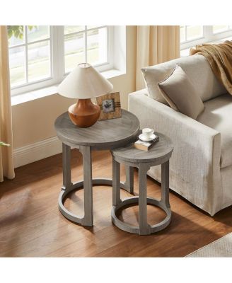 24" 2PC Curved Round Wooden Coffee Table Set, Mid Century Rustic Side/End Table