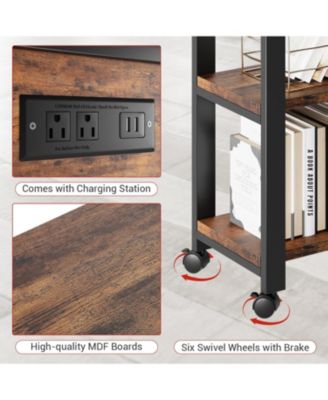 360° Rotating Mobile End Table with Storage Bag, Wheels and Charging Station