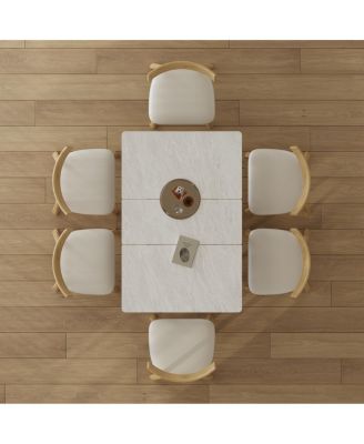 Retractable Rock Slab Dining Table Set, 7-Piece Expandable Table with 6 Chairs & Leather Base