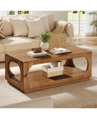 Solid Wood Coffee Table, 47.2" Farmhouse Wooden Center Tables, 2-Tier Rectangular Cocktail Tea Table