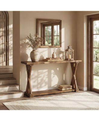 Solid Wood Console Table for Entryway, 63-Inch Narrow Farmhouse Entryway Table, 2-Tier Sofa Console Behind Couch