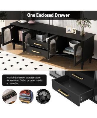  68.9" Retro TV Stand - Fluted Glass Doors, Wood Legs