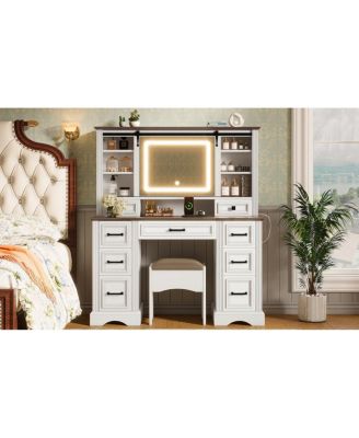 Streamdale Farmhouse Makeup Vanity Desk with Sliding Mirror, LED Lights, Stool & 9 Drawers