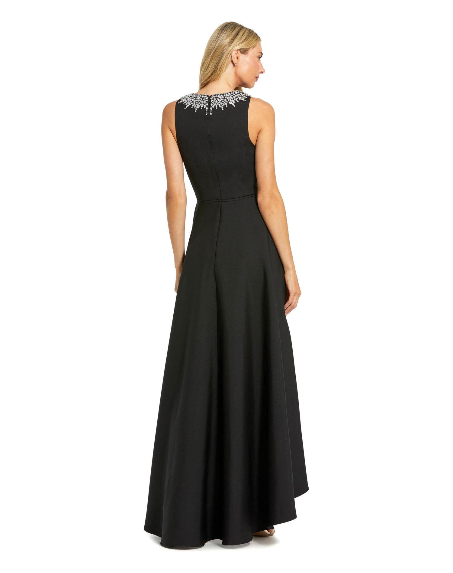 Petite Crepe Embellished Neck High Low Gown