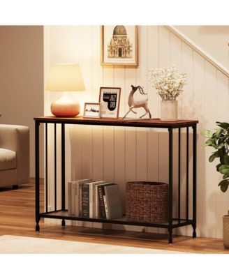 32" Retro Narrow Console Table with 2 Storage Shelves, Glass and Metal